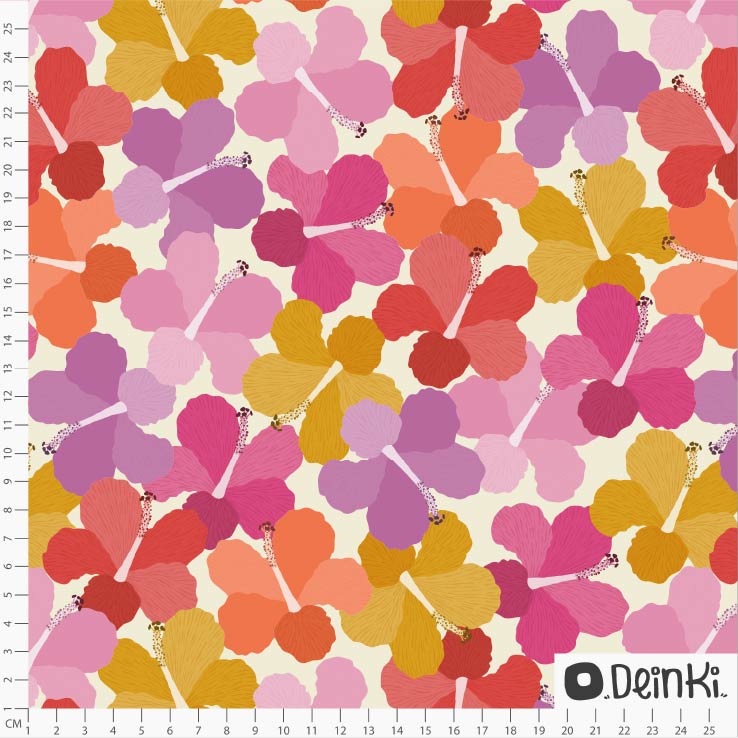 Bio Summersweat Stoff  - Bunte Hibiskus - Deinki, pink, Blumen Breite 150 cm