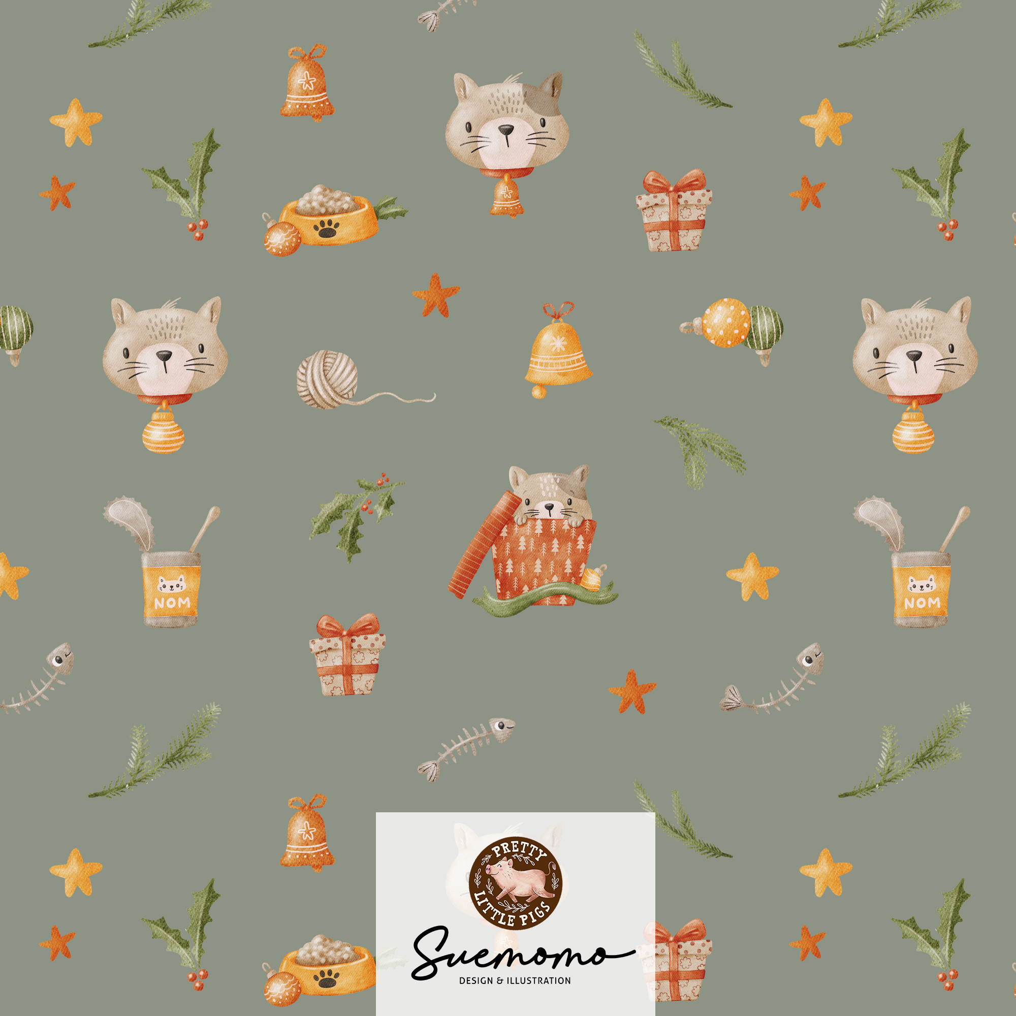 Bio Webware Stoff - Meowy Christmas graugrün - PrettyLittlePigs, Tiere, grün, 100% Bio-Baumwolle Bio Webware Stoff - Meowy Christmas graugrün - PrettyLittlePigs, Tiere, grün, 100% Bio-Baumwolle