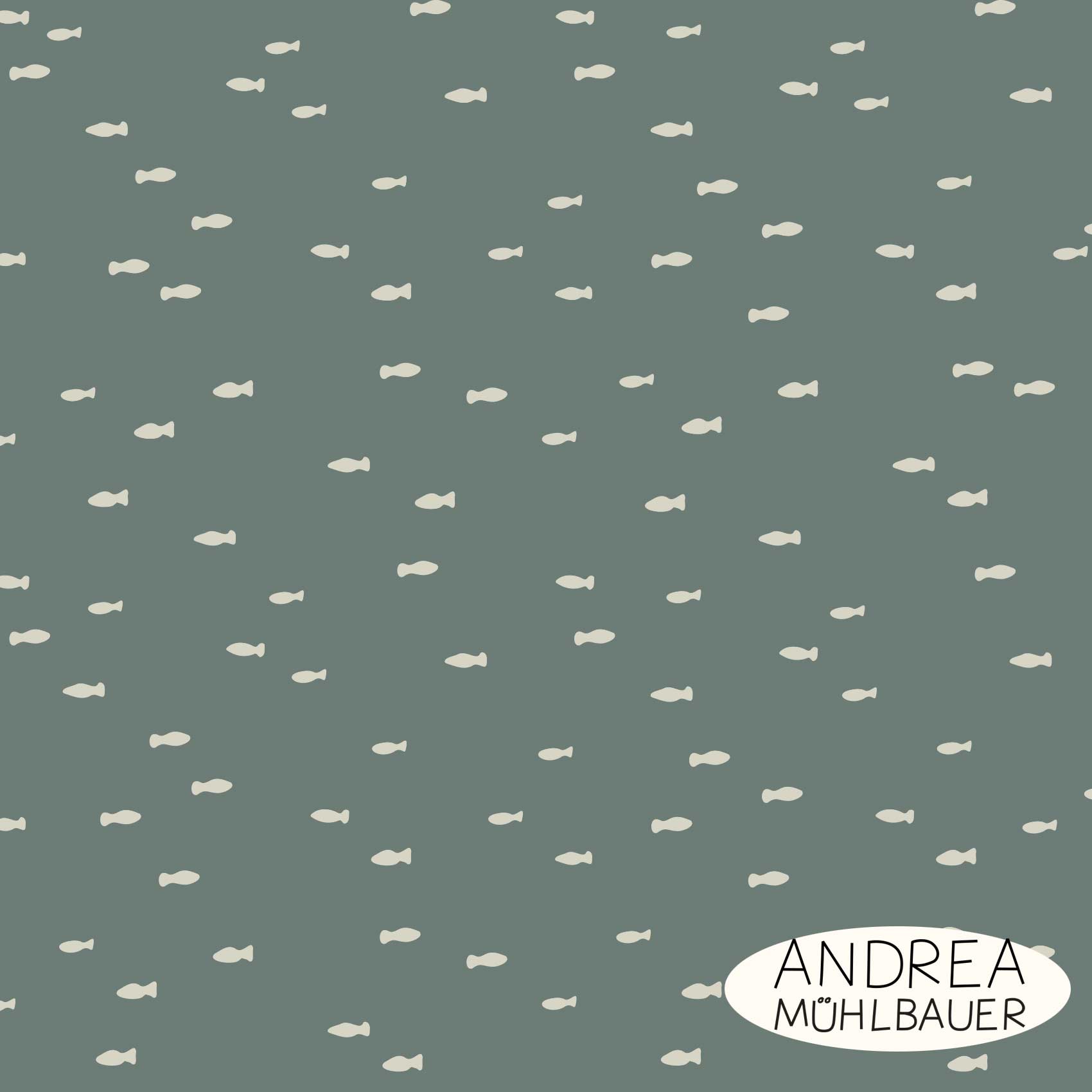 Bio Webware Stoff  -  Fish in Green Sea Small  - AndreaMuehlbauer, grün, Tiere, 100% Bio-Baumwolle