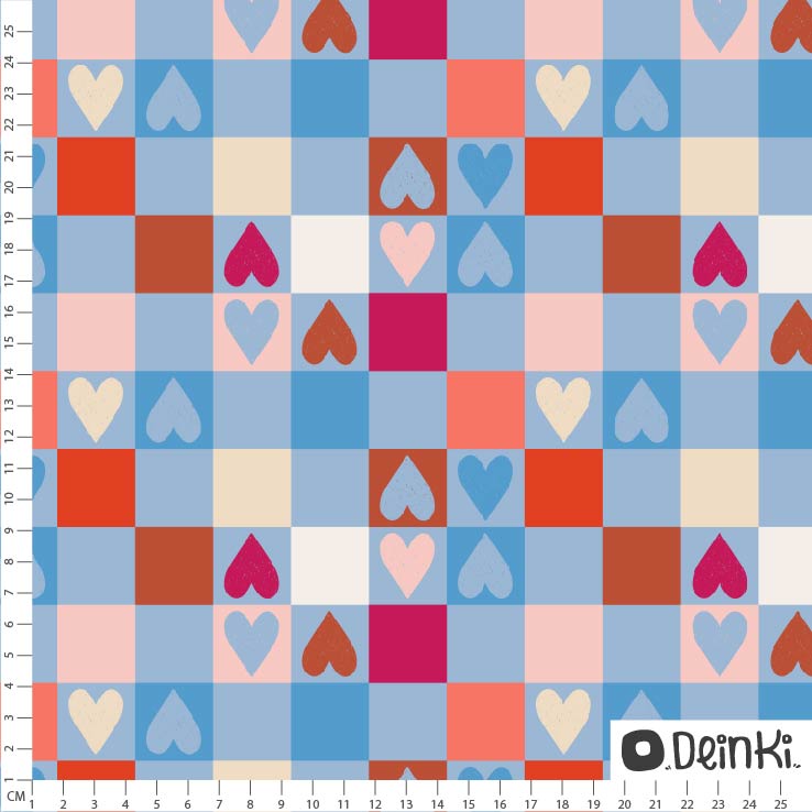 Bio Webware Stoff - Sketchy Hearts Schachbrett bunt - Deinki, blau, Herzen, kariert, 100% Bio-Baumwolle Bio Webware Stoff - Sketchy Hearts Schachbrett bunt - Deinki, blau, Herzen, kariert, 100% Bio-Baumwolle