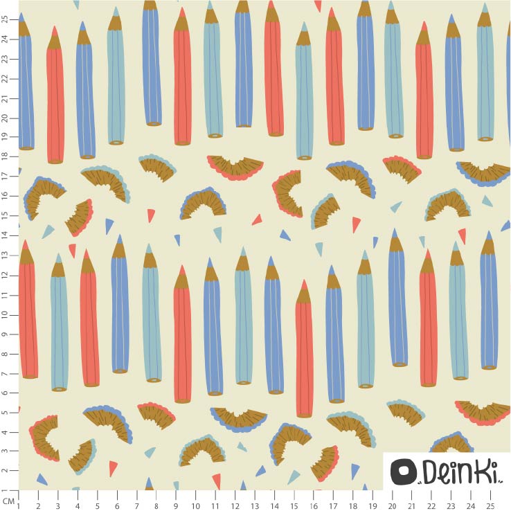 Bio Stoff  - Buntstifte Hellblau Rot Blau - Deinki, beige, Kinder, Gegenstände