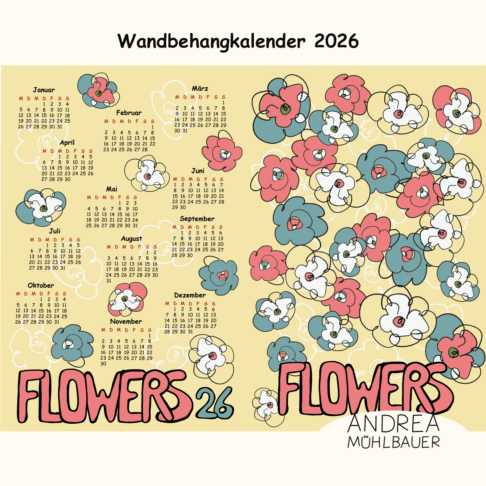 Bio Stoff - 50 cm Panel Comic Flowers Kalender26 von Andrea Muehlbauer in gelb