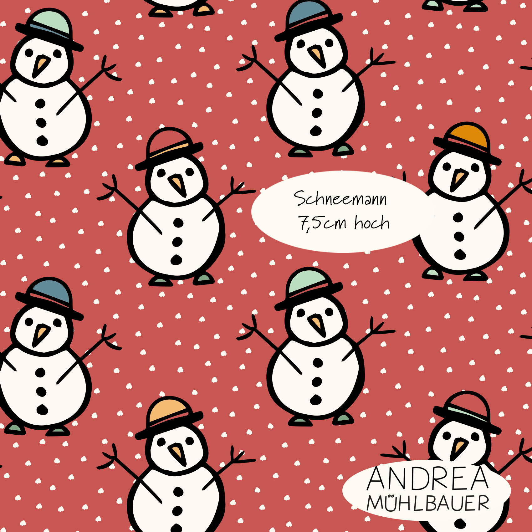 Bio Webware Stoff  - Snowman on soft winter Red - AndreaMuehlbauer, Winter, rot, 100% Bio-Baumwolle