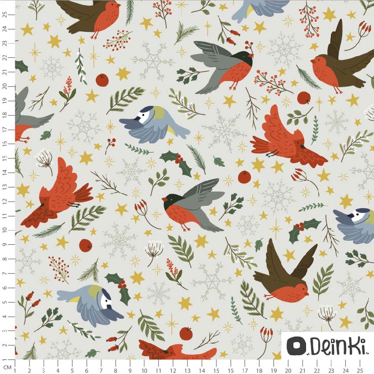 Bio Webware Stoff - Vögel im Winter - Deinki, Tiere, Blätter & Ranken, creme, 100% Bio-Baumwolle Bio Webware Stoff - Vögel im Winter - Deinki, Tiere, Blätter & Ranken, creme, 100% Bio-Baumwolle
