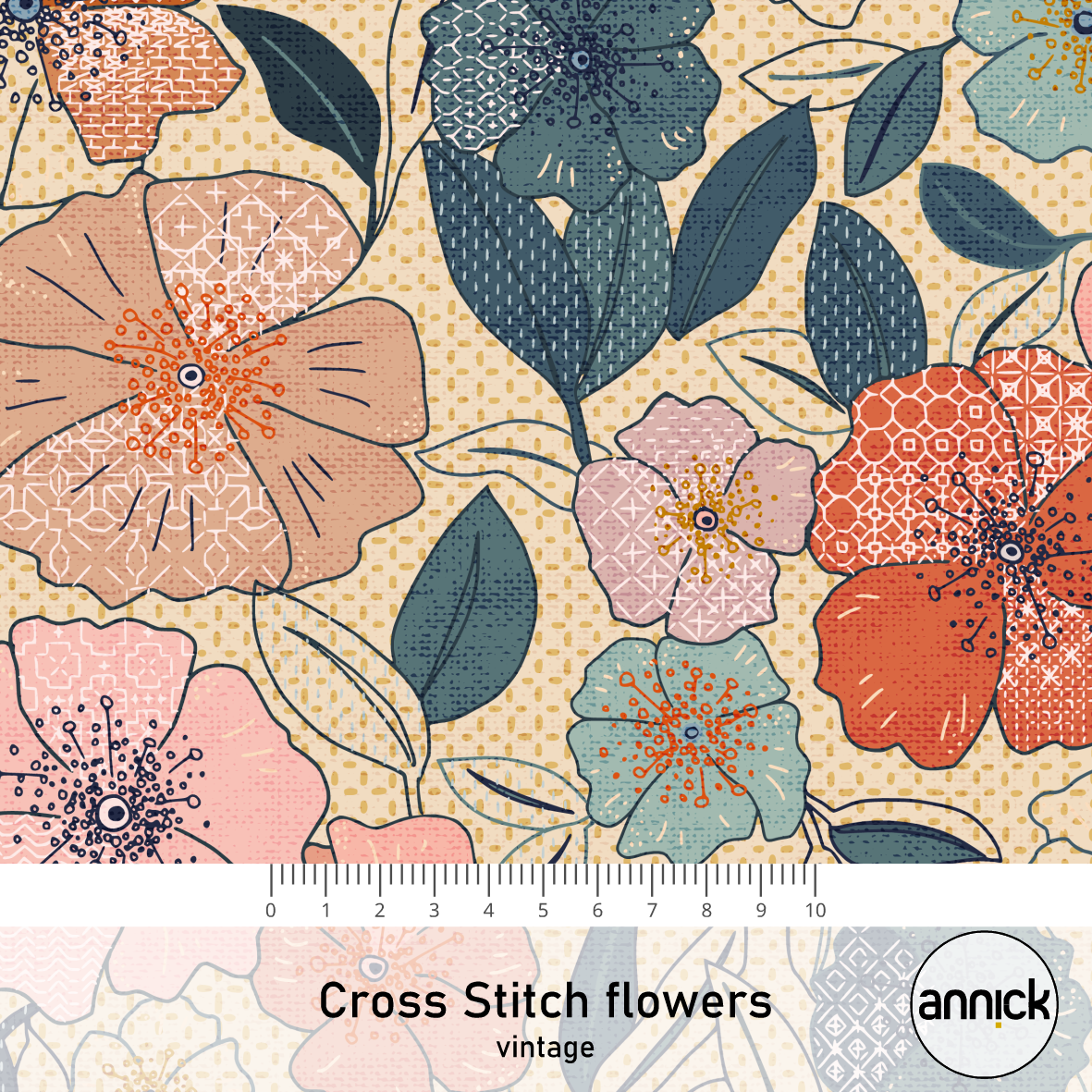 Bio Stoff - Cross Stitch Flowers Vintage von Annick in beige