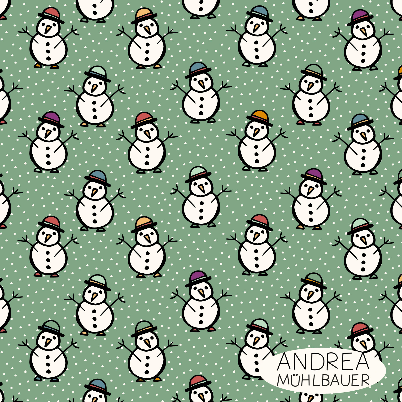 Bio Webware Stoff  - Snowman on soft winter Sage Green - AndreaMuehlbauer, Winter, grün, 100% Bio-Baumwolle