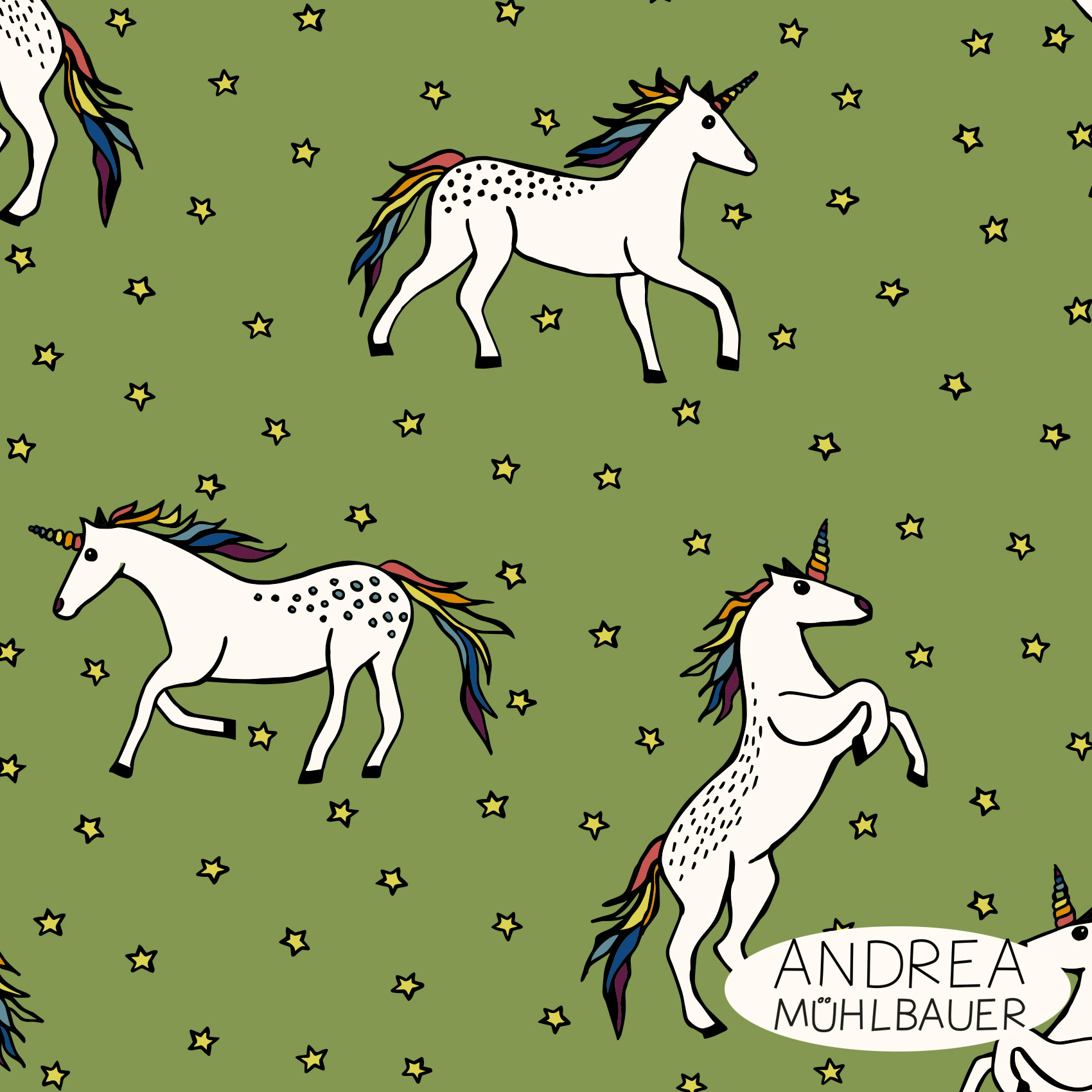 Bio Webware Stoff  -  Einhörner Green  - AndreaMuehlbauer, grün, Tiere, Fantasy, 100% Bio-Baumwolle
