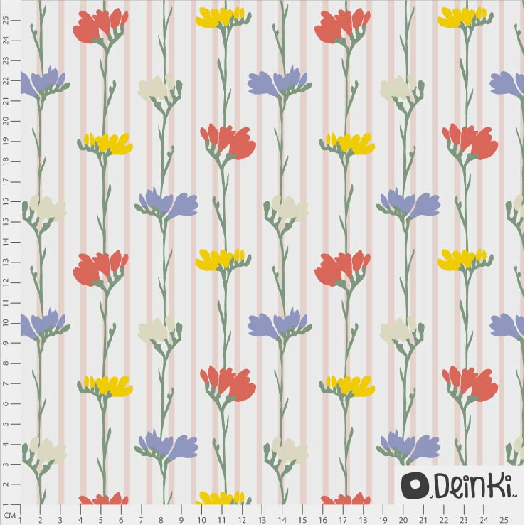 Bio Stoff  - Freesienblumen Weiss Bunt - Deinki, creme, Floral & Blumen, Streifen