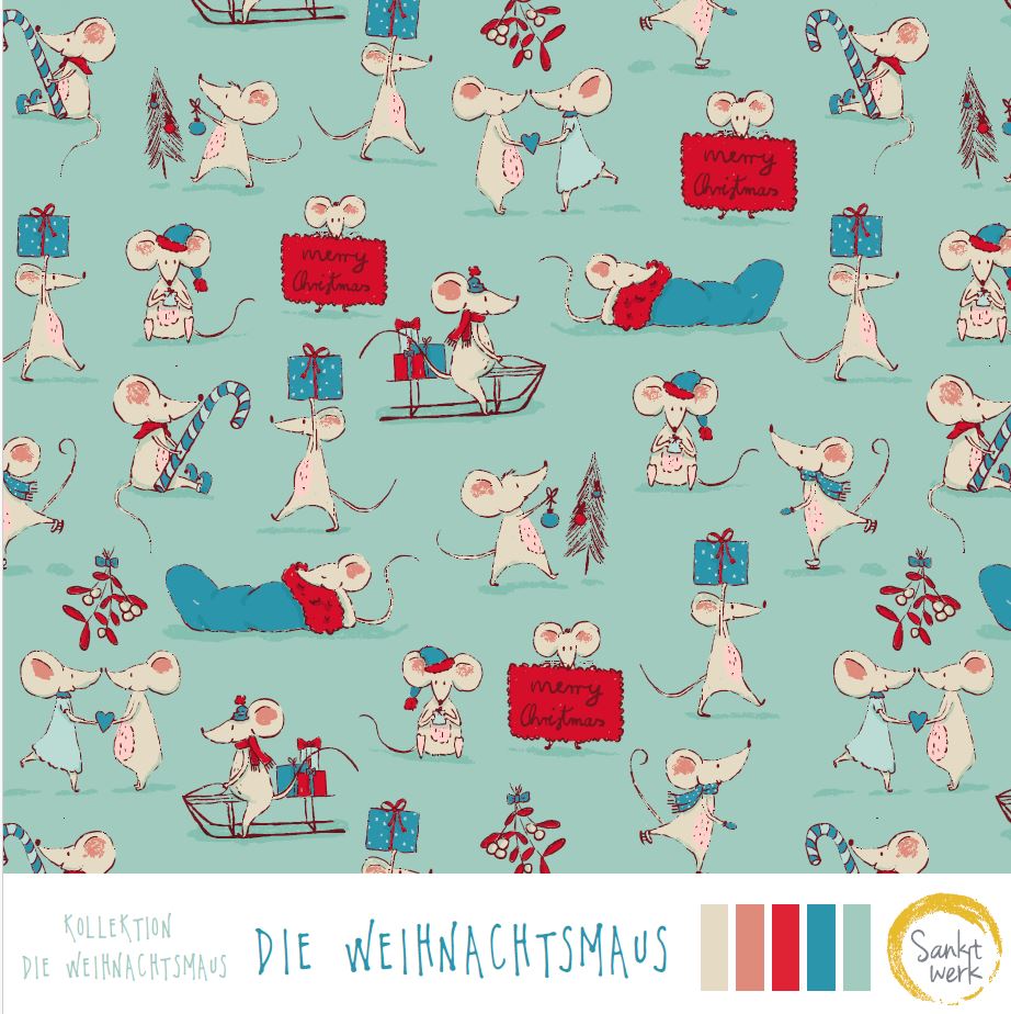 Bio Webware Stoff  -  Die Weihnachtsmaus  - Sanktwerk, Tiere, rot, 100% Bio-Baumwolle