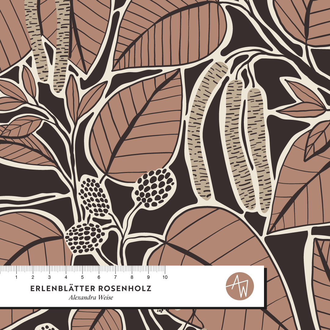 Organic Fabric - Alder Leaves Rosewood by Alexandra Weise in brown