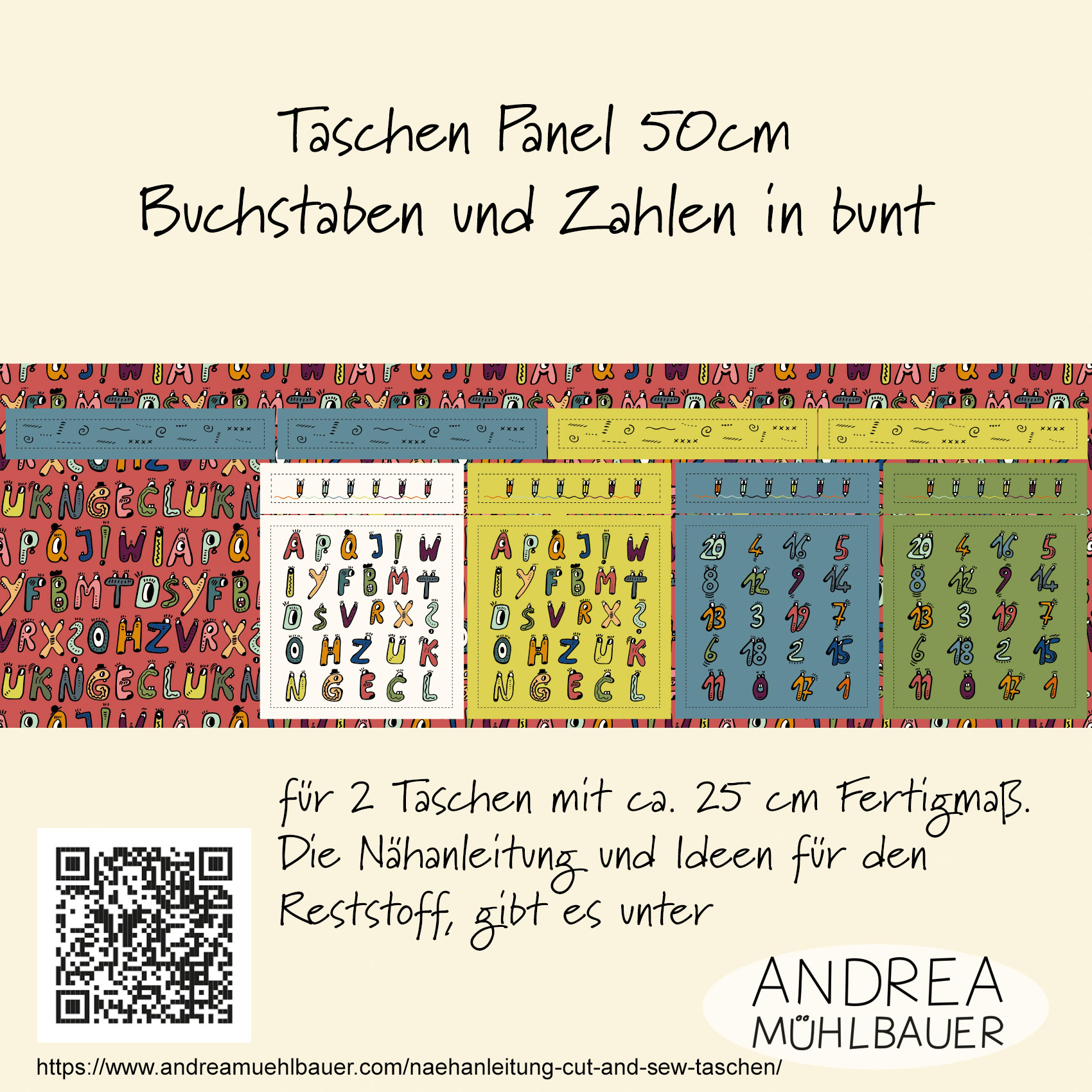 Bio Webware Stoff - 50 cm Panel Taschen Zahlen Buchstaben Klein Bunt - AndreaMuehlbauer, bunt, Kinder, Schule 100% Bio-Baumwolle Bio Webware Stoff - 50 cm Panel Taschen Zahlen Buchstaben Klein Bunt - AndreaMuehlbauer, bunt, Kinder, Schule 100% Bio-Baumwolle