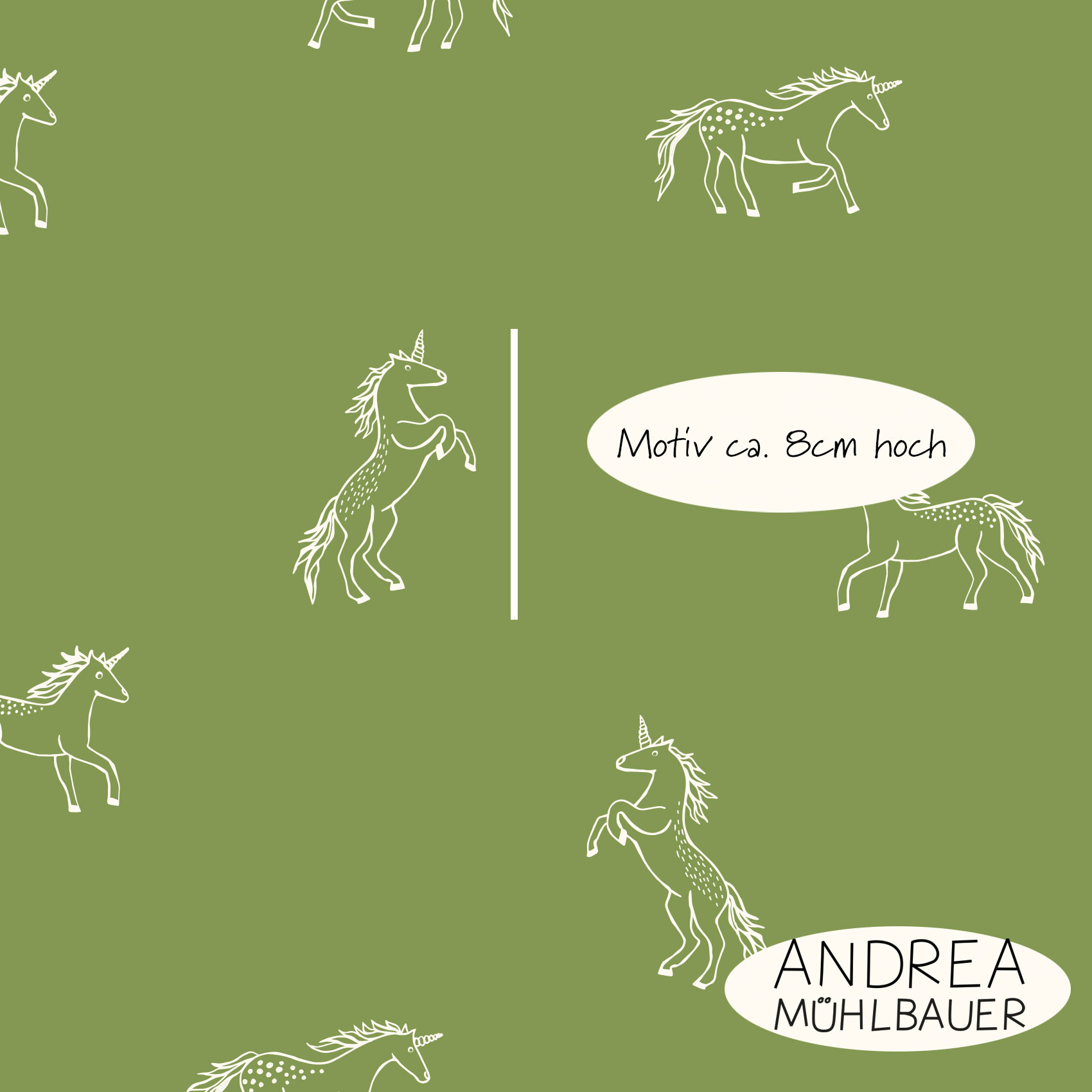 Bio Webware Stoff  -  Einhörner Outlines Green  - AndreaMuehlbauer, grün, Tiere, Fantasy, 100% Bio-Baumwolle