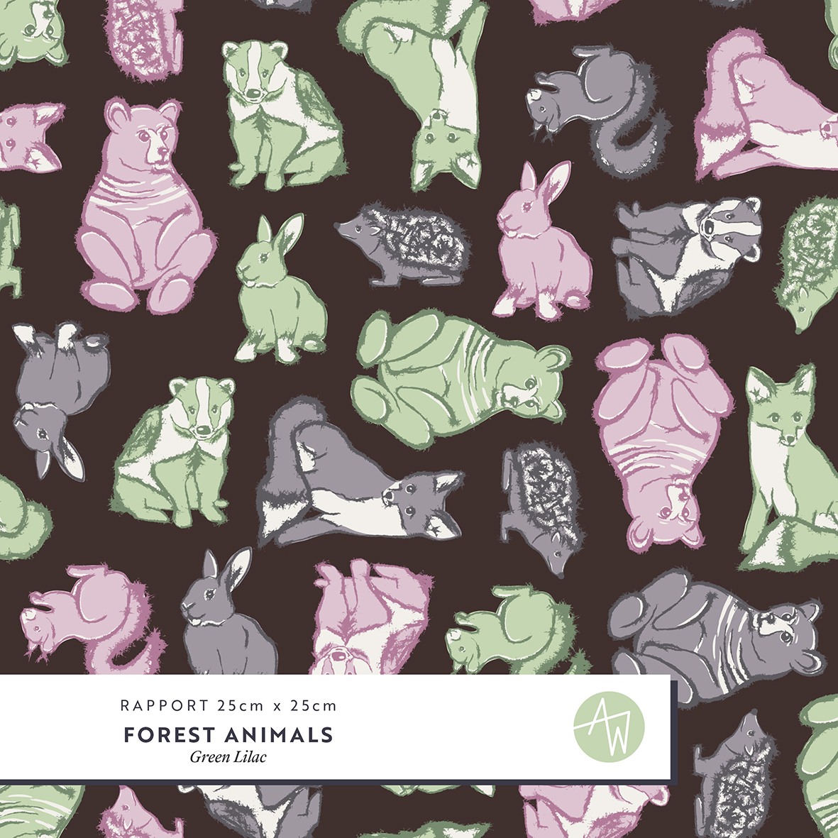 Bio Stoff  -  Forest Animals Green Lilac  - AlexandraWeise, Wald, Tiere, Herbst, bunt 