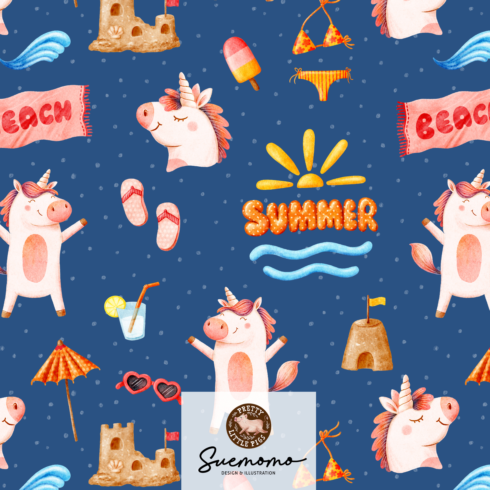 Bio Webware Stoff  -  Summer Fun Einhorn Summer  - PrettyLittlePigs, Tiere, Sommer, Fantasy, blau, 100% Bio-Baumwolle
