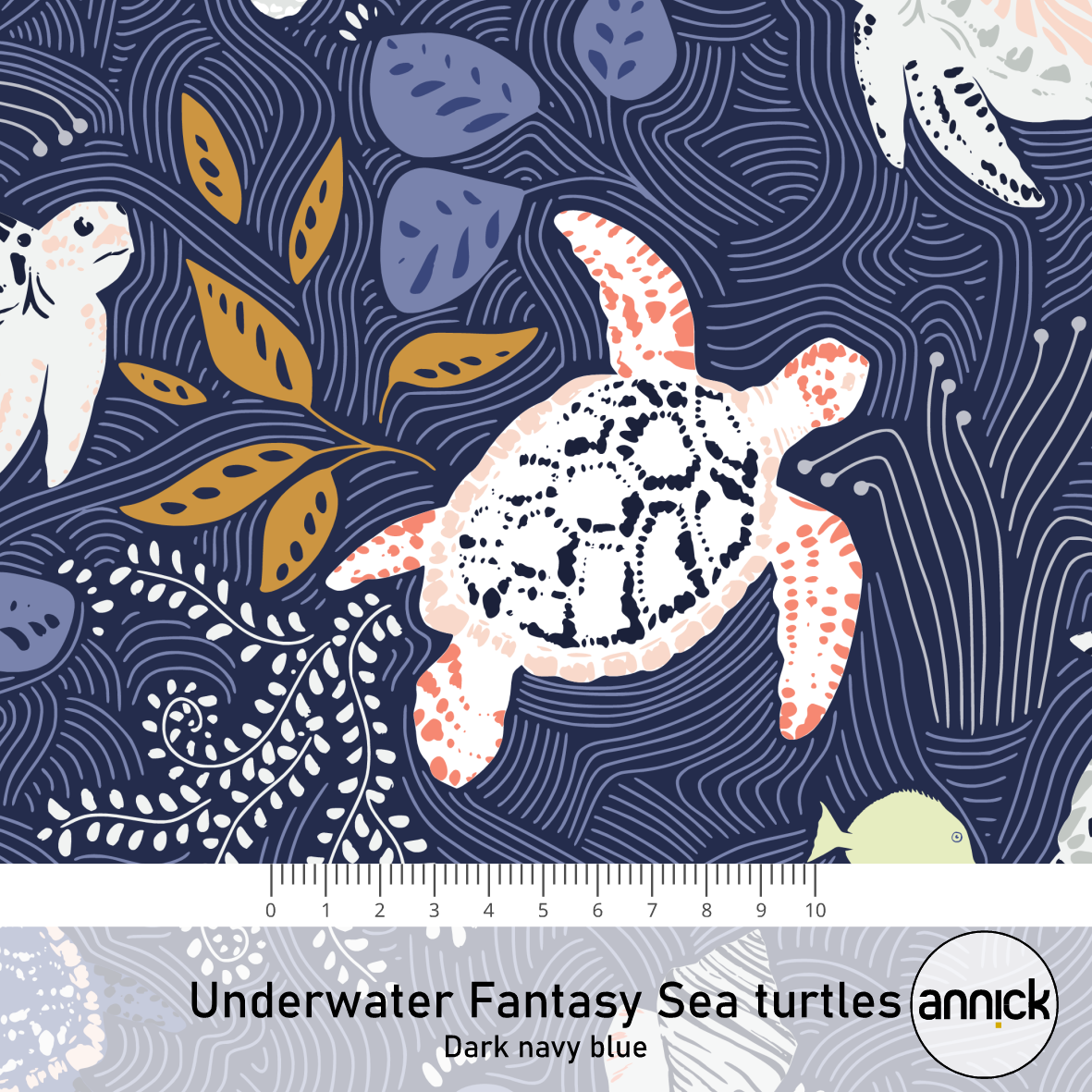 Bio Stoff  - Underwater Fantasy Sea Turtles Dark Navy Blue - Annick, blau, Maritim, Tiere