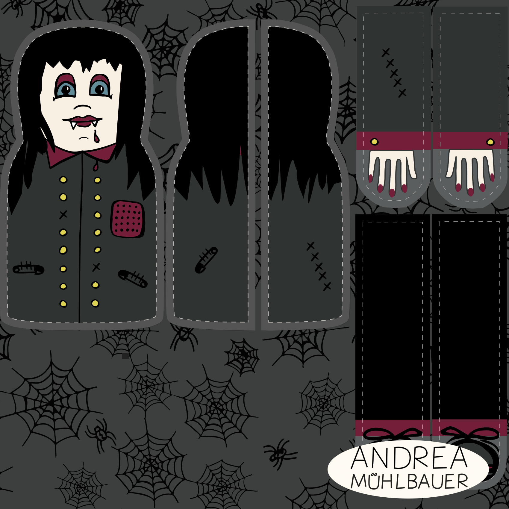 Bio Stoff - 50 cm Panel Halloween Puppen Vampir Und Monster von Andrea Muehlbauer in schwarz