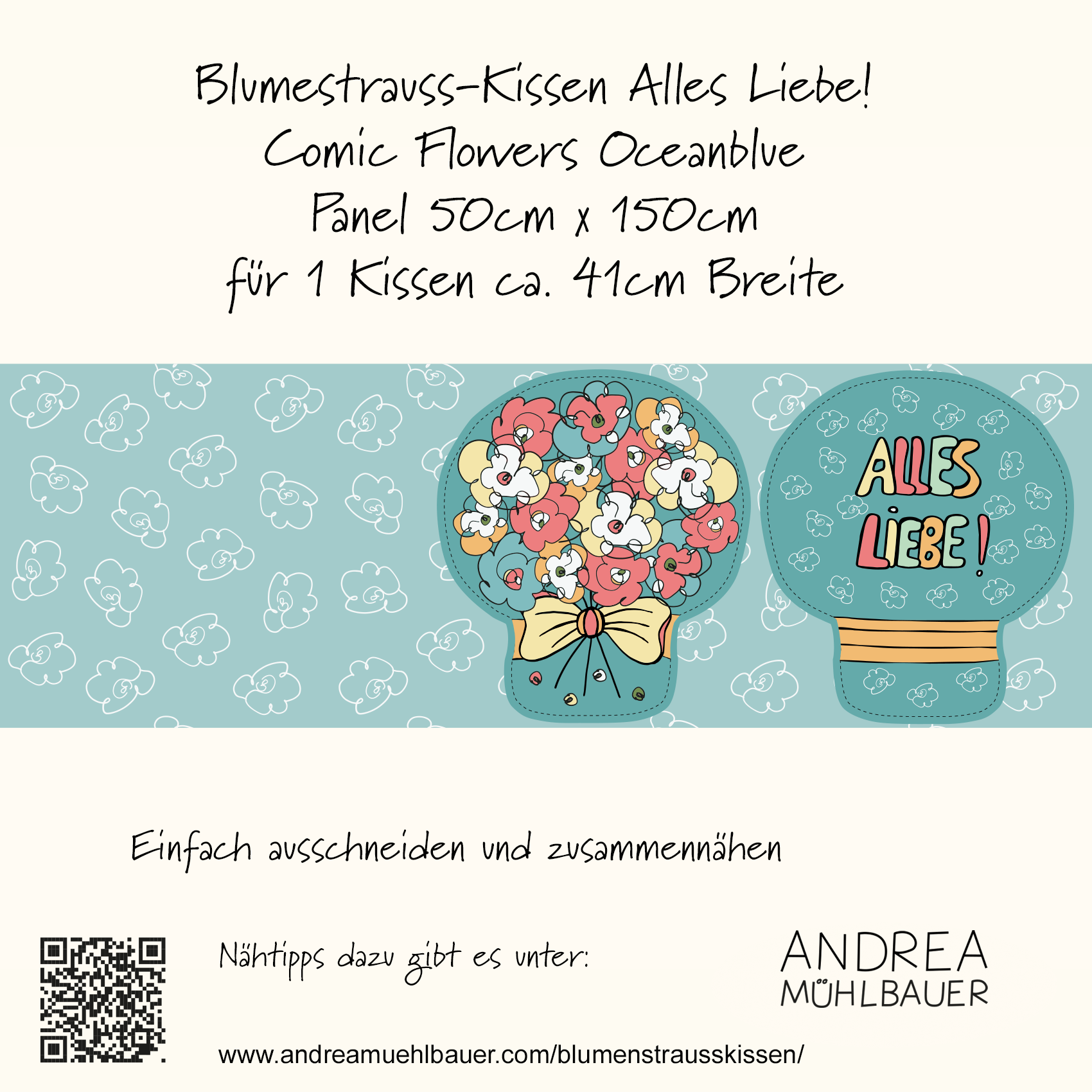 Bio Stoff  - Alles Liebe Blumenstraußkissen 50cm Panel ozeanblau