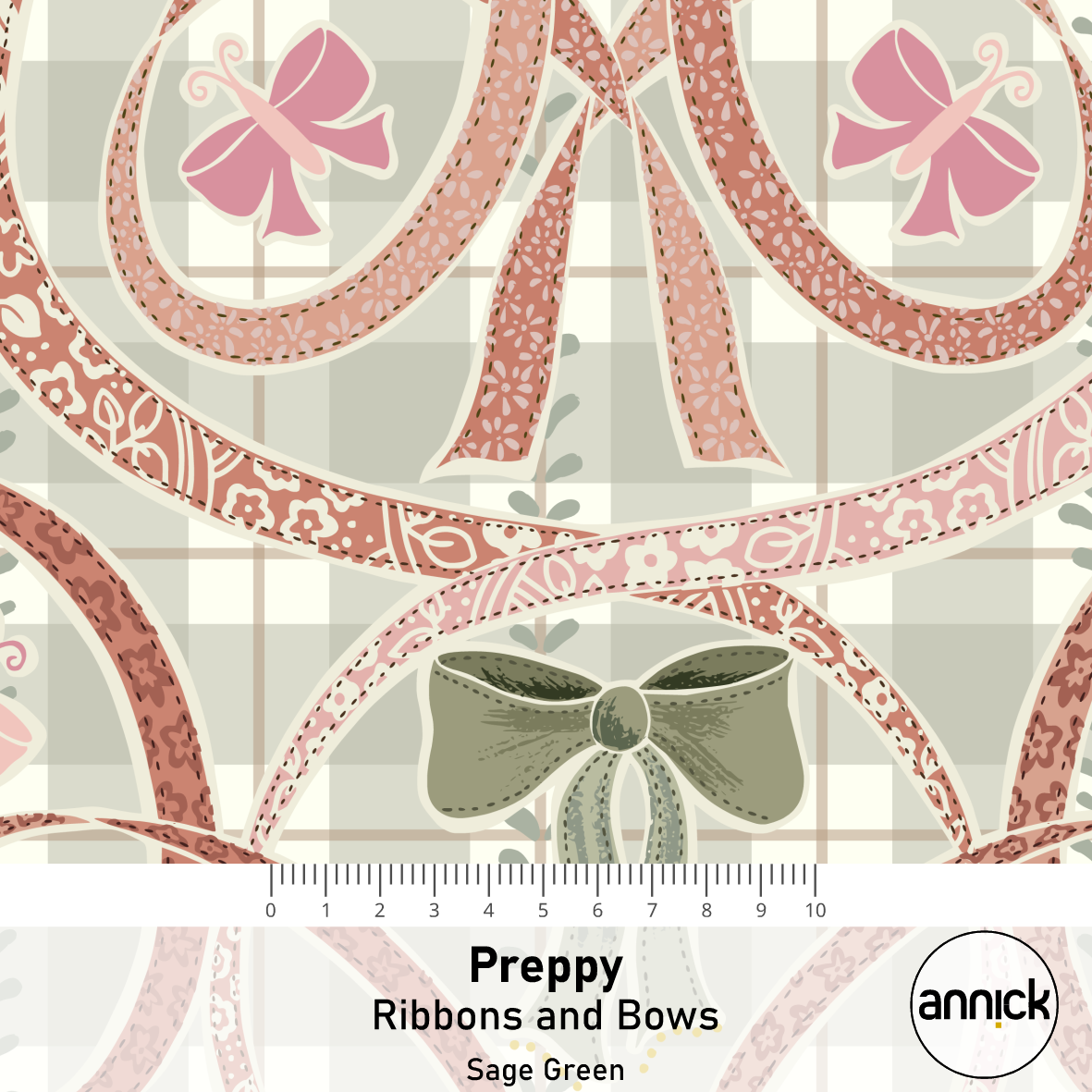 Bio Stoff - Preppy Ribbons And Bows Sage Green von Annick in grün