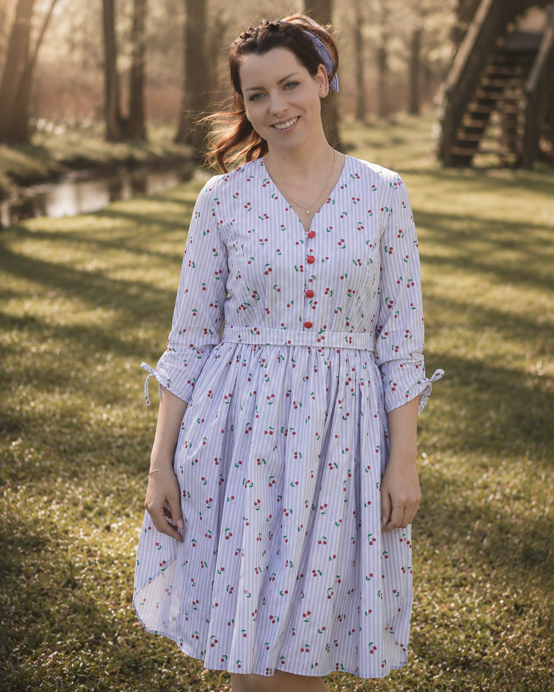 Organic fabric - Cherry Bloom Kleine Kirschen Streifen hellblau