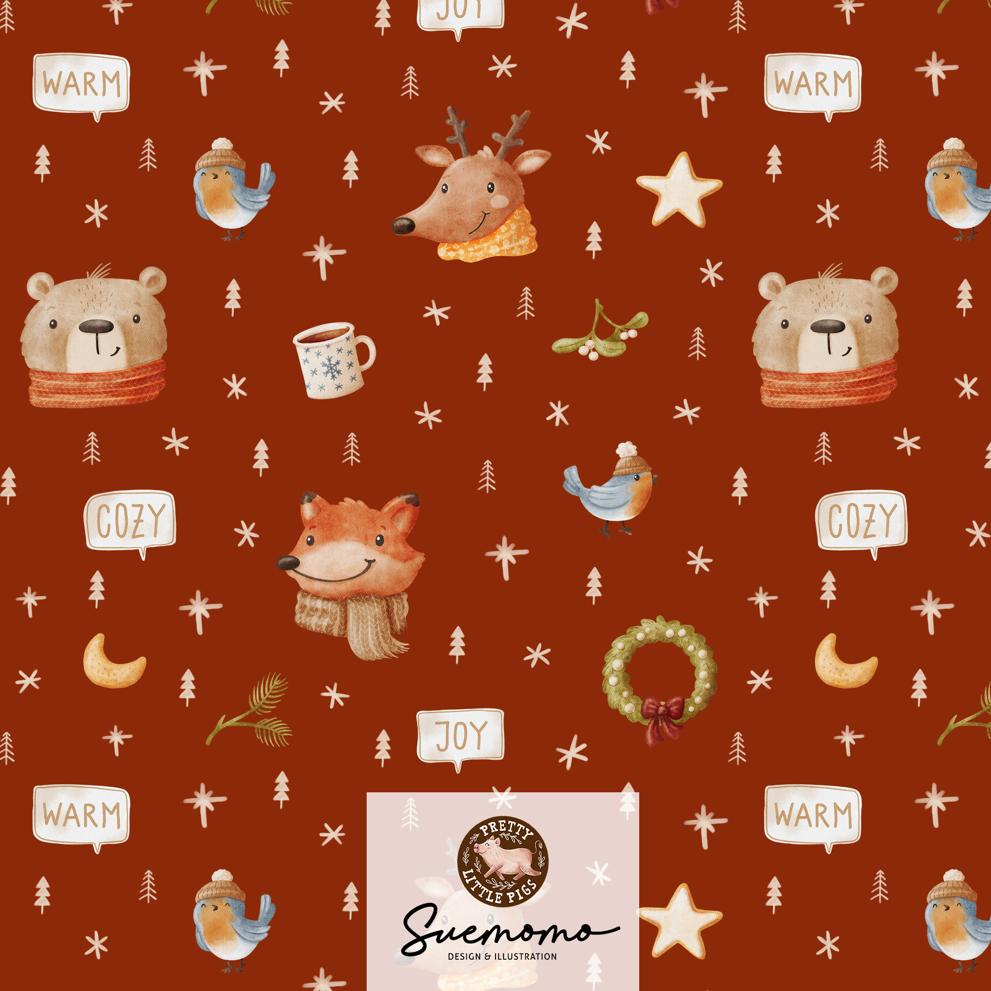 Bio Webware Stoff - Weihnachtsfreunde - PrettyLittlePigs, Tiere, rot, 100% Bio-Baumwolle Bio Webware Stoff - Weihnachtsfreunde - PrettyLittlePigs, Tiere, rot, 100% Bio-Baumwolle