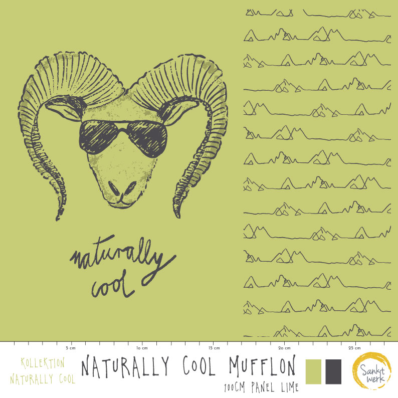 Bio Stoff  - 1,0 m Panel Naturally Cool Mufflon Lime Panel - Sanktwerk, grün, Tiere, Schrift