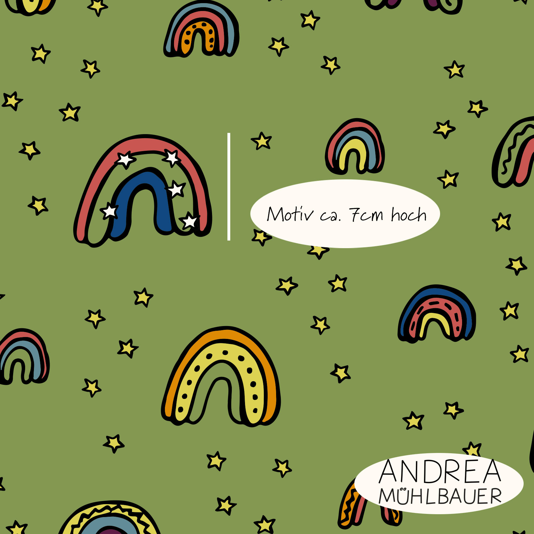 Bio Webware Stoff  -  Rainbow and Stars Green  - AndreaMuehlbauer, grün, Regenbogen, Fantasy, 100% Bio-Baumwolle