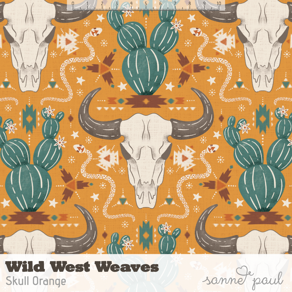 Organic Fabric - Wild West Weaves Skull Orange by Sanne Paul in orange