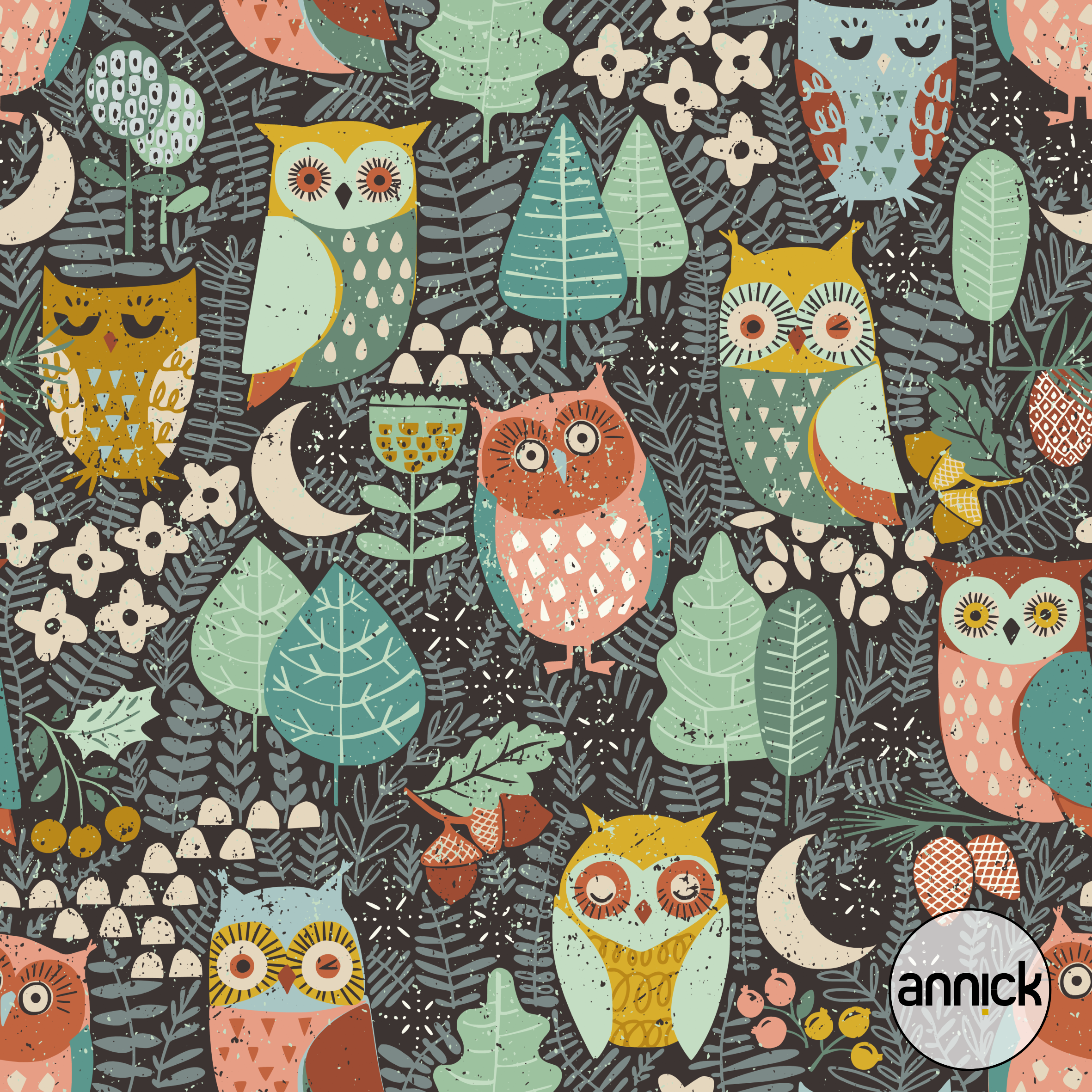 Bio Webware Stoff - Kids Woodland Owls by Night - Annick, bunt, Tiere, schwarz, 100% Bio-Baumwolle Bio Webware Stoff - Kids Woodland Owls by Night - Annick, bunt, Tiere, schwarz, 100% Bio-Baumwolle