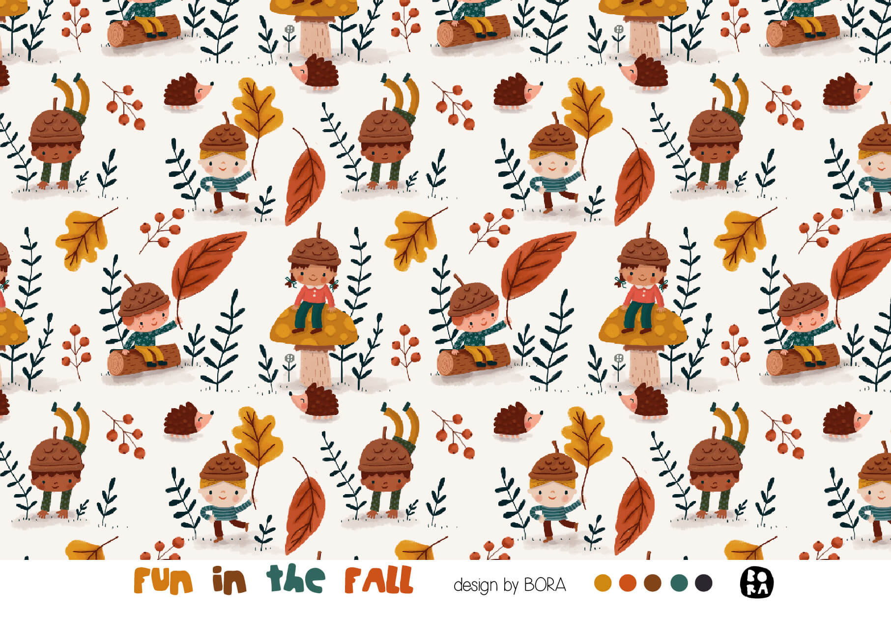 Bio Webware Stoff  -  Fun In The Fall  - Bora, Tiere, creme, Blätter & Ranken, 100% Bio-Baumwolle