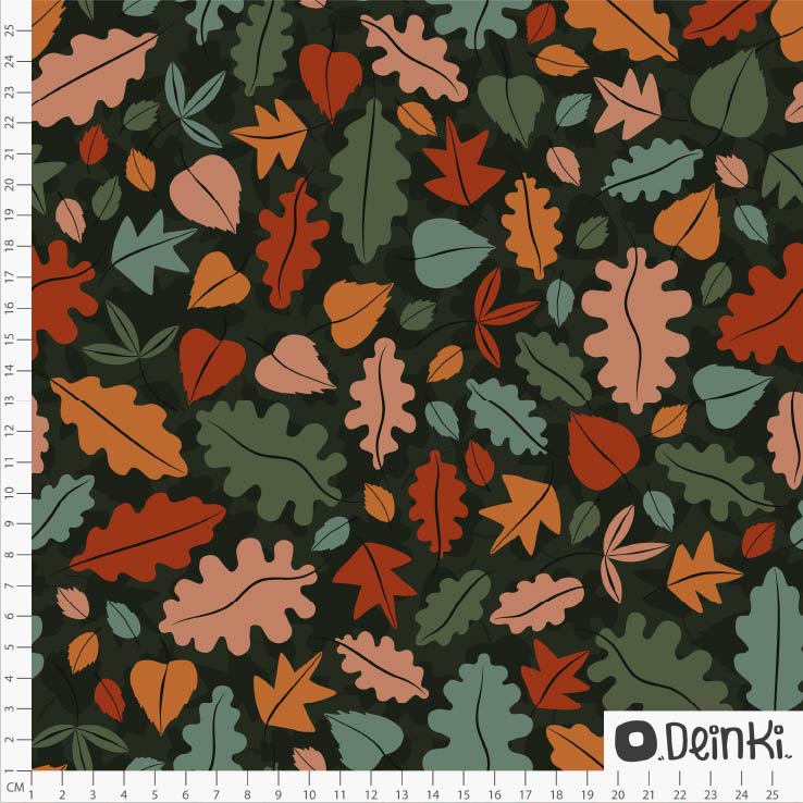 Bio Stoff - Blätterregen Schwarz Bunt von Deinki in grün, rot, orange, pink, beige