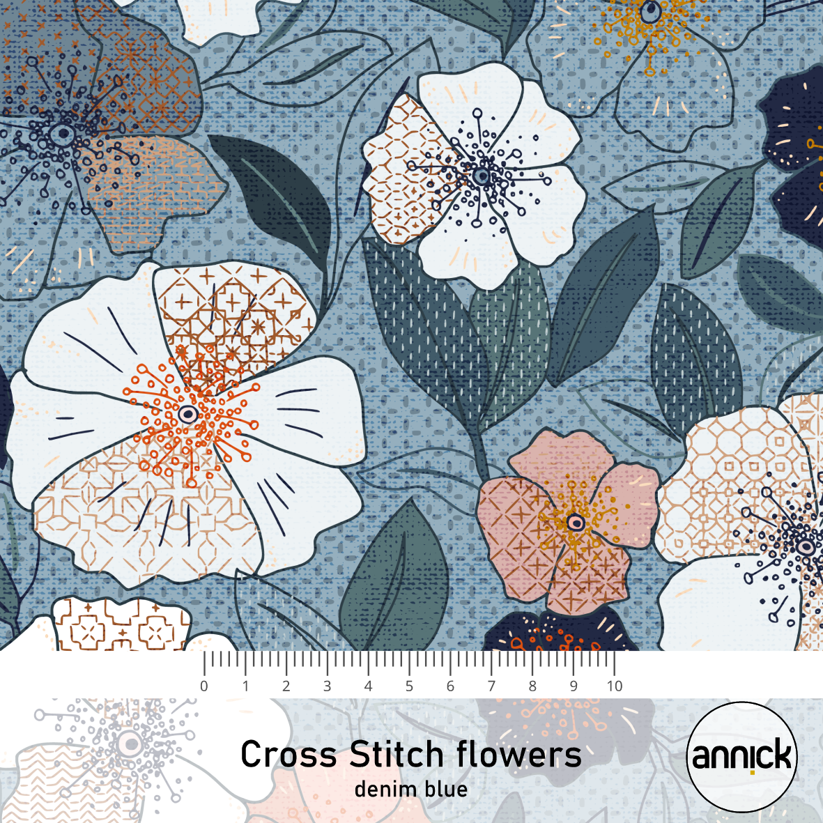 Bio Stoff - Cross Stitch Flowers Blue von Annick in blau