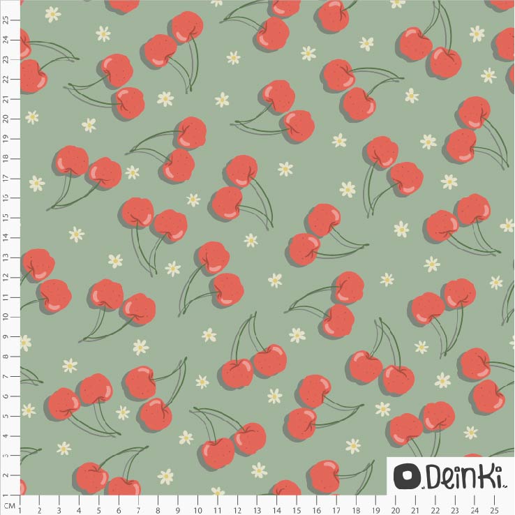 Bio Webware Stoff - Kirschen - Deinki, Obst & Gemüse, grün, 100% Bio-Baumwolle Bio Webware Stoff - Kirschen - Deinki, Obst & Gemüse, grün, 100% Bio-Baumwolle