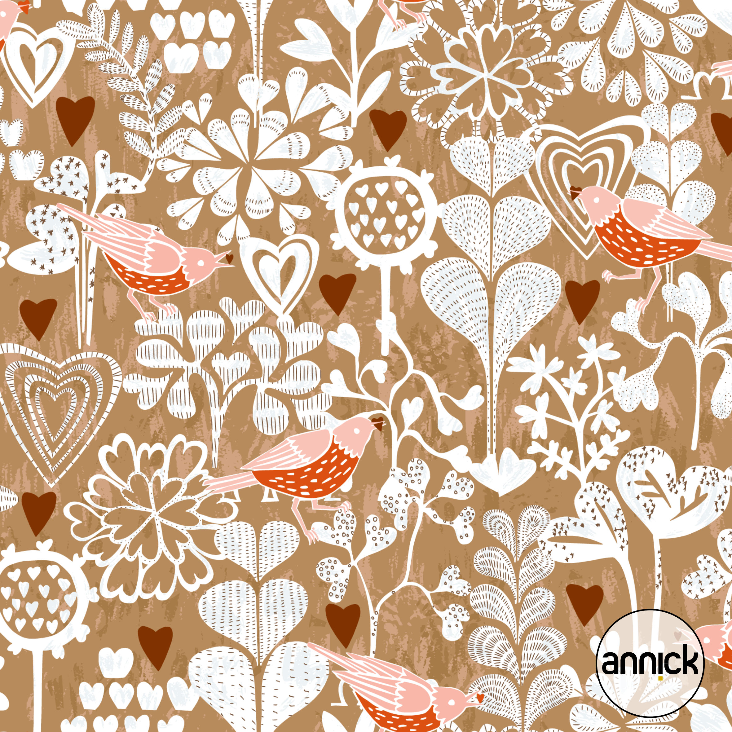 Bio Webware Stoff  -  Love is all around tan  - Annick, Blätter & Ranken, Tiere, Floral & Blumen, braun, beige, 100% Bio-Baumwolle