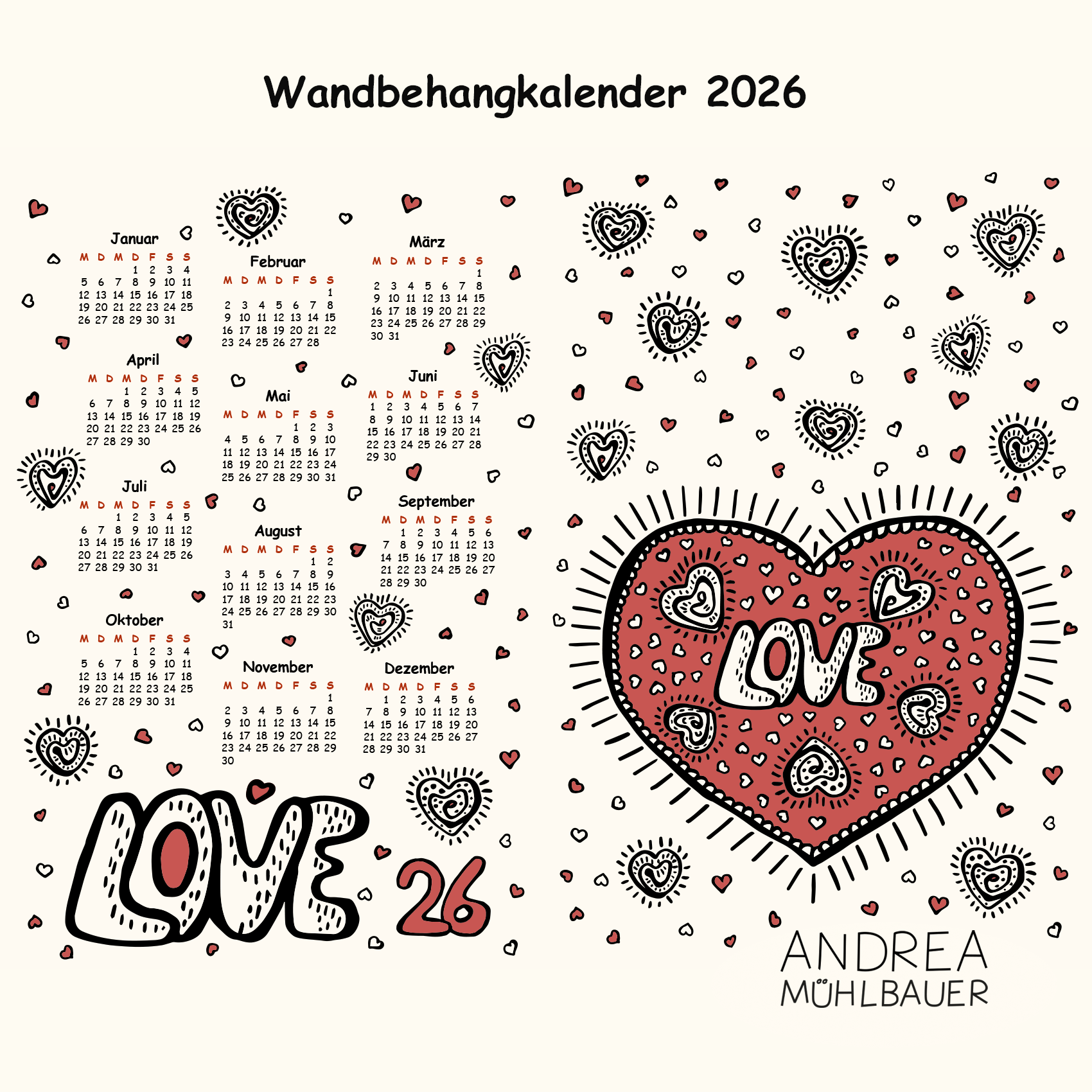 Bio Stoff - 50 cm Panel Love Kalender26 von Andrea Muehlbauer in rot