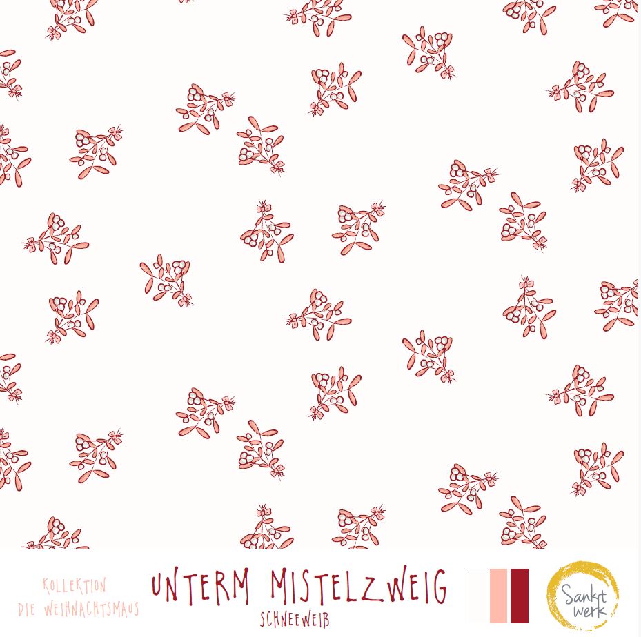 Bio Webware Stoff  -  Unterm Mistelzweig schneeweiß  - Sanktwerk, Floral & Blumen, rot, weiß, 100% Bio-Baumwolle
