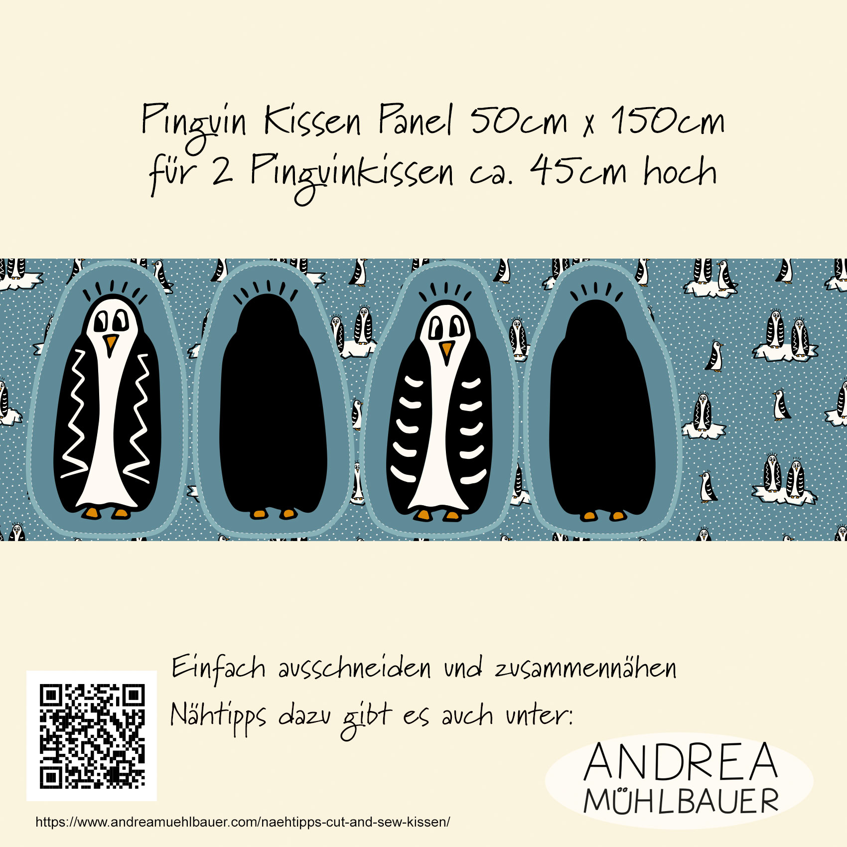 Bio Summersweat Stoff - 50 cm Panel Pinguin Kissen- AndreaMuehlbauer, Cut and Sew, Tiere, blau, Breite 150 cm Bio Summersweat Stoff - 50 cm Panel Pinguin Kissen- AndreaMuehlbauer, Cut and Sew, Tiere, blau, Breite 150 cm