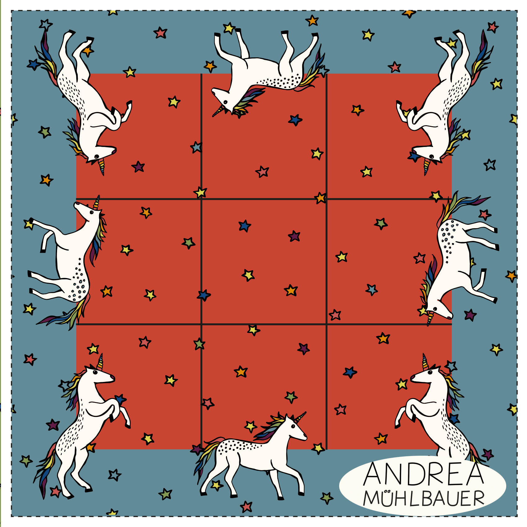Bio Stoff - 50 cm Panel Einhorn Regenbogen Tik Tak Toe von Andrea Muehlbauer in bunt Bio Stoff - 50 cm Panel Einhorn Regenbogen Tik Tak Toe von Andrea Muehlbauer in bunt