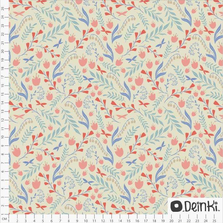 Bio Stoff  - Maigloeckchen Und Schmetterlinge Weiss Bunt - Deinki, creme, Floral & Blumen