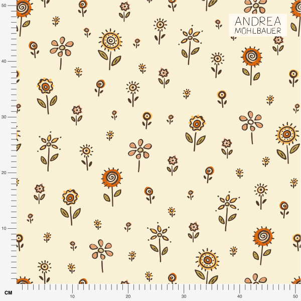 Bio Stoff  -  Retro Sommerblumenwiese beige