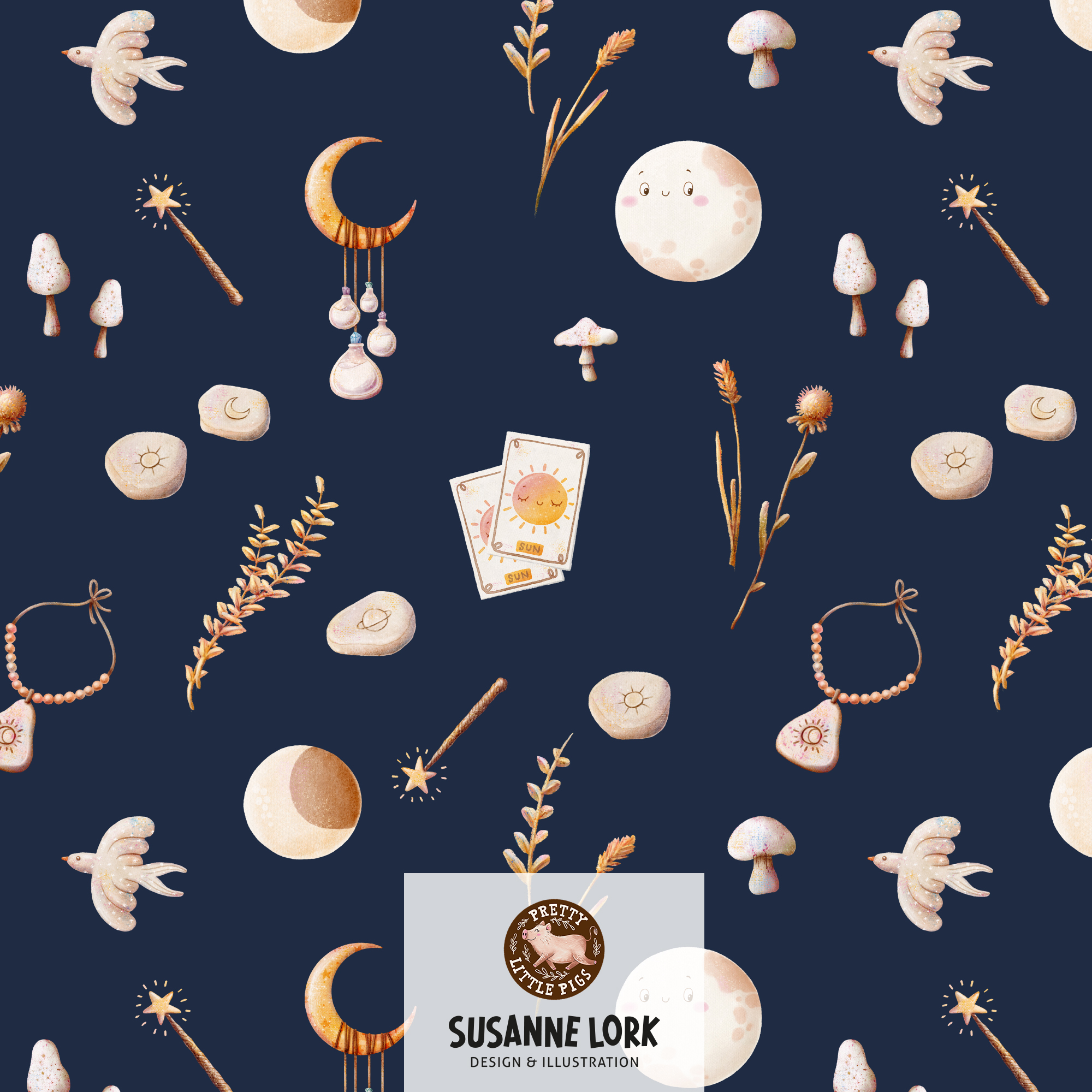 Organic Fabric - Magical Forest Rune Stones Dark Blue by Pretty Little Pigs in blue