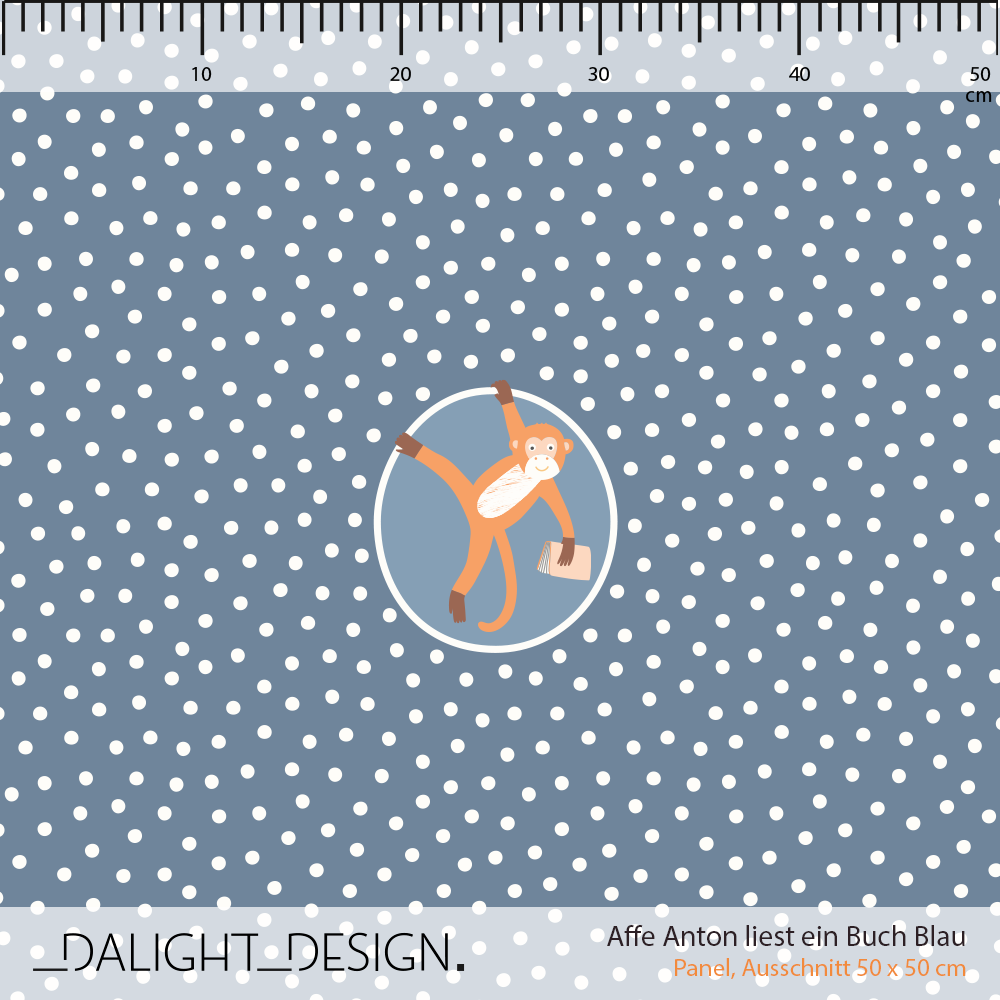 Bio Stoff - 50 cm Panel Affe Anton Liest Ein Buch Blau von Dalight Design in blau
