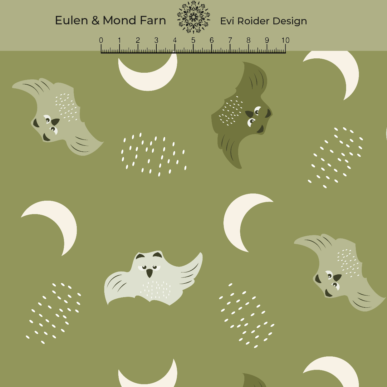 Bio Webware Stoff  - Eulen und Mond Farn - EviRoiderDesign, Tiere, grün, Halloween, 100% Bio-Baumwolle