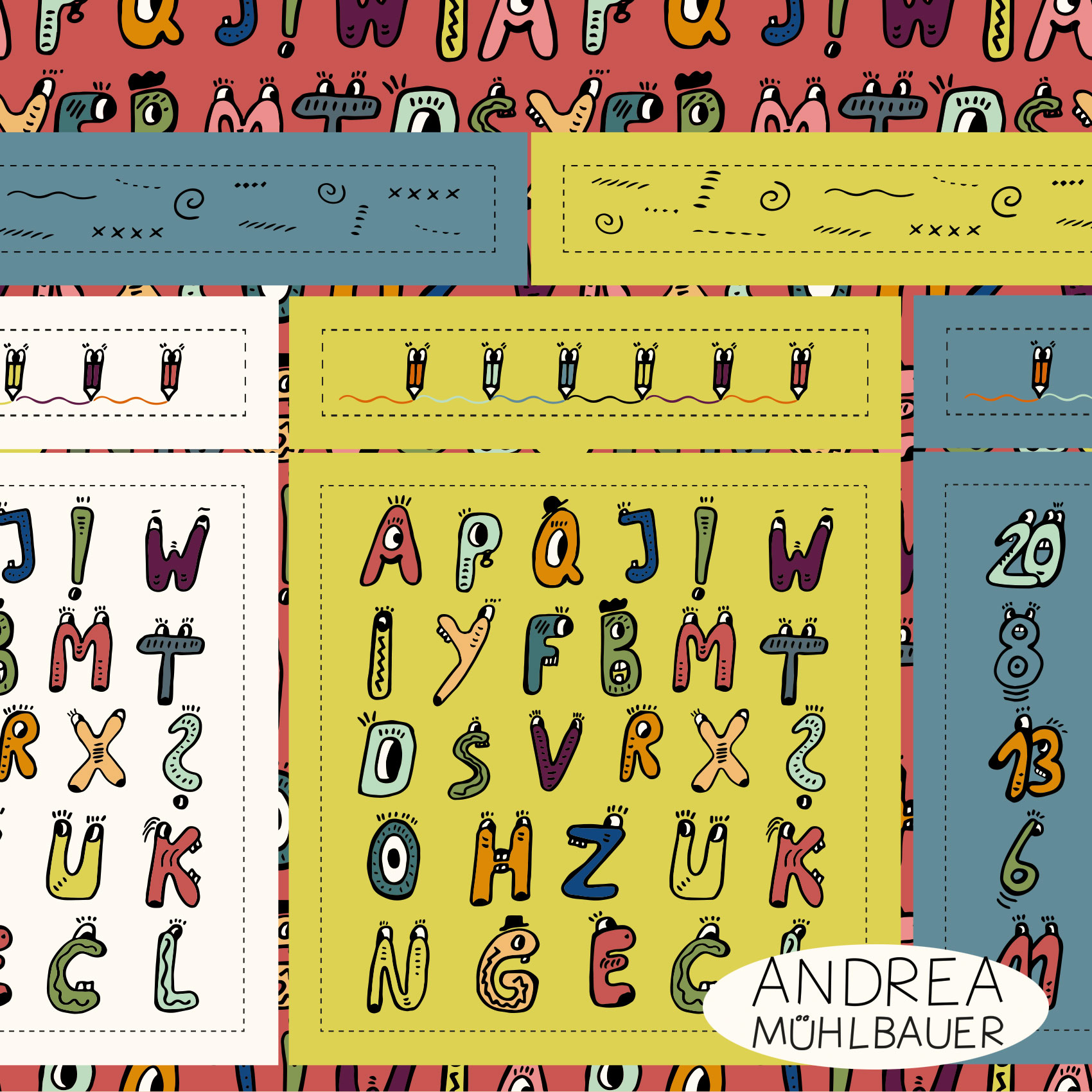 Bio Stoff  - 50 cm Panel Taschen Zahlen Buchstaben Klein Bunt - AndreaMuehlbauer, bunt, Kinder, Schule