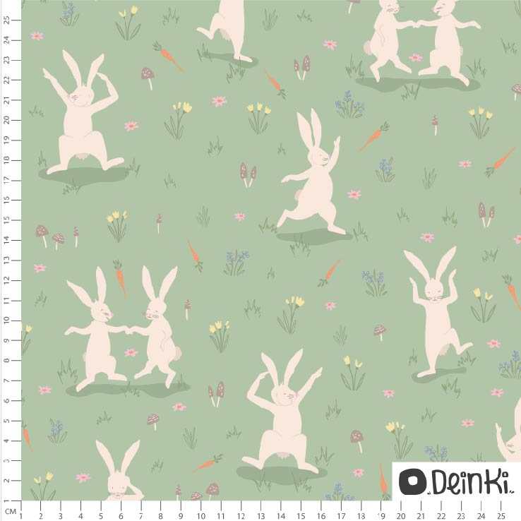 Bio Stoff  - Tanzende Osterhasen grün  - Deinki, grün, Ostern, Tiere
