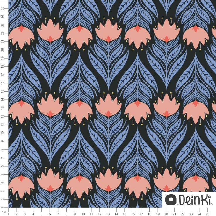 Bio Webware Stoff - Folk Blume schwarz blau rosa - Deinki, schwarz, Floral & Blumen 100% Bio-Baumwolle Bio Webware Stoff - Folk Blume schwarz blau rosa - Deinki, schwarz, Floral & Blumen 100% Bio-Baumwolle