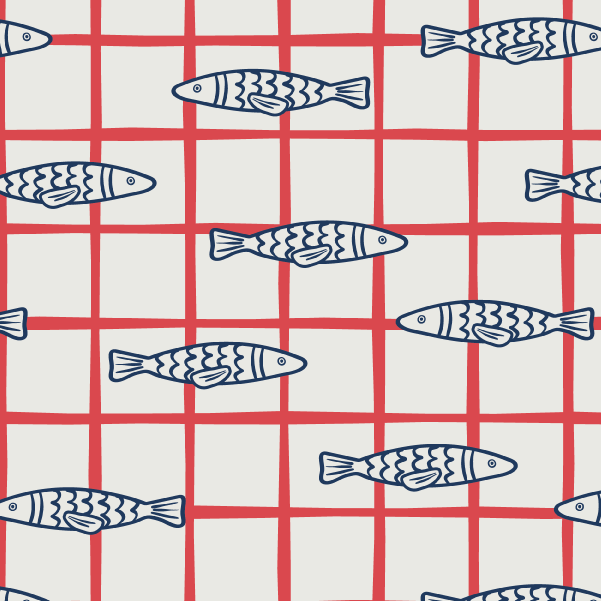 Bio Stoff  -  Fische auf Karos weiß, rot, blau