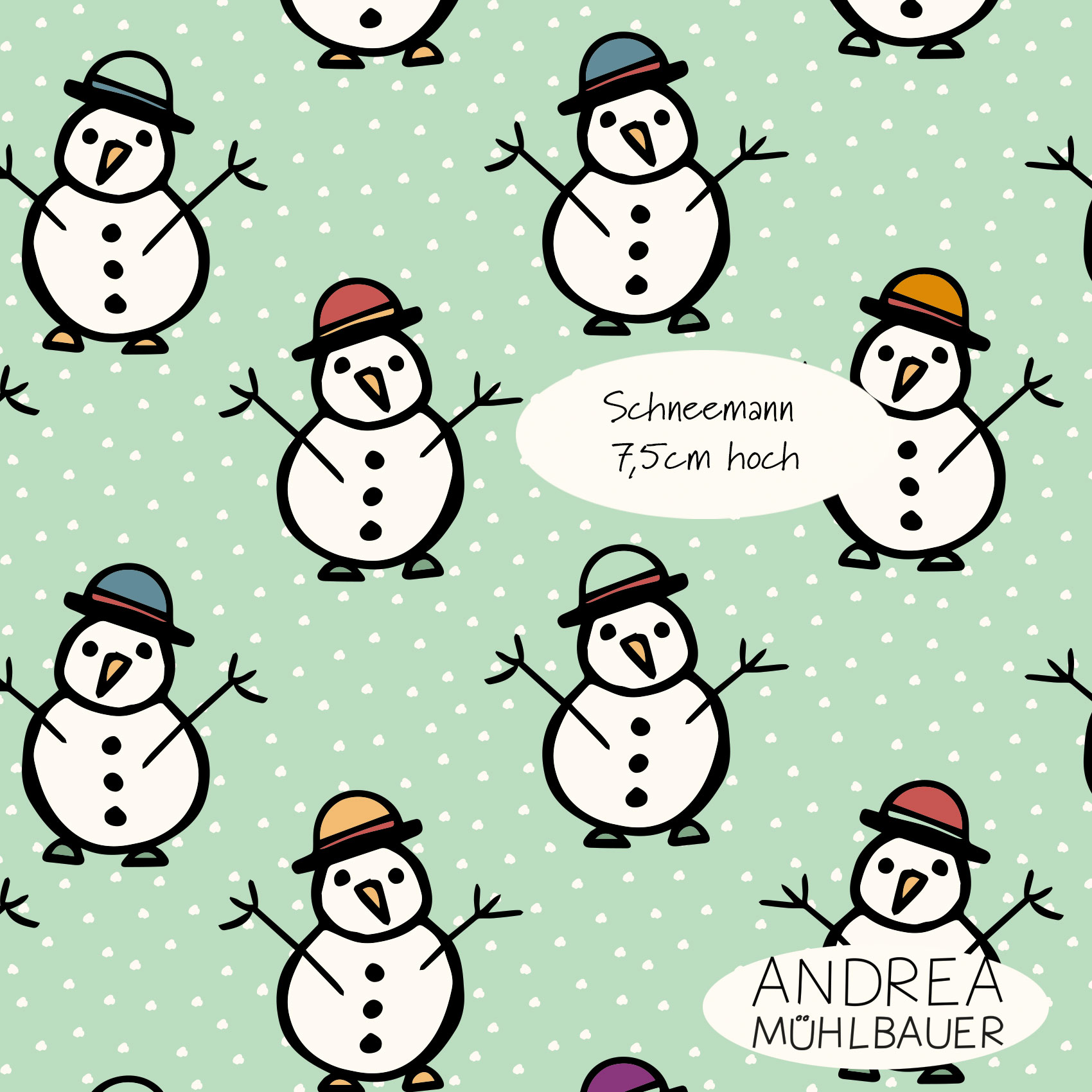 Bio Webware Stoff  - Snowman on soft winter Seaglass - AndreaMuehlbauer, Winter, grün, 100% Bio-Baumwolle