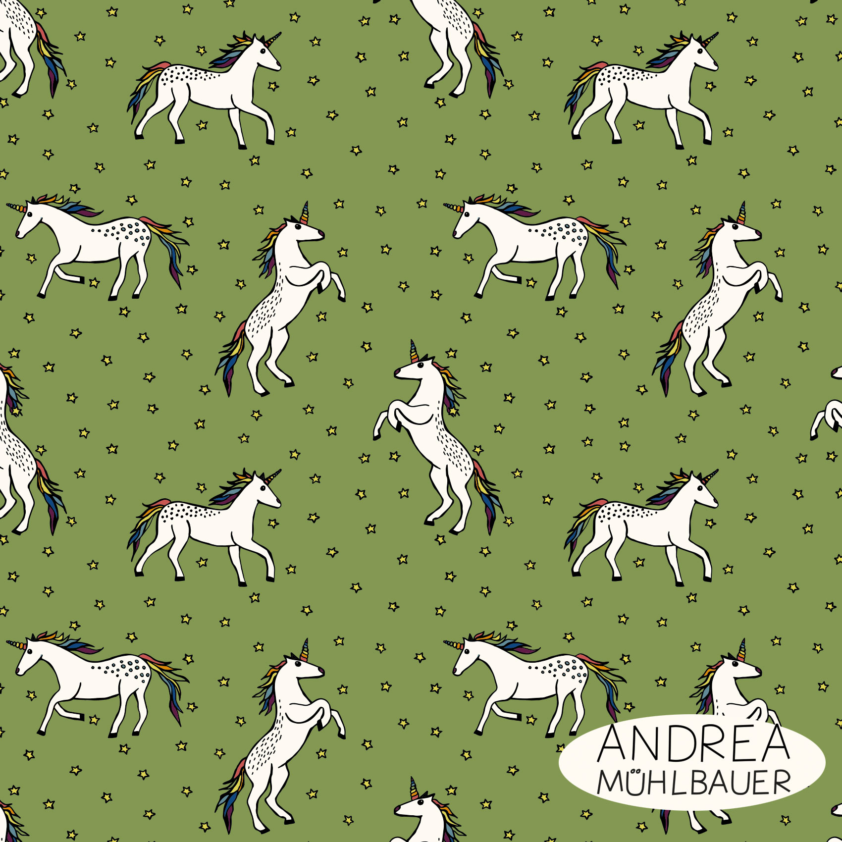 Bio Webware Stoff  -  Einhörner Middle Green  - AndreaMuehlbauer, grün, Tiere, Fantasy, 100% Bio-Baumwolle