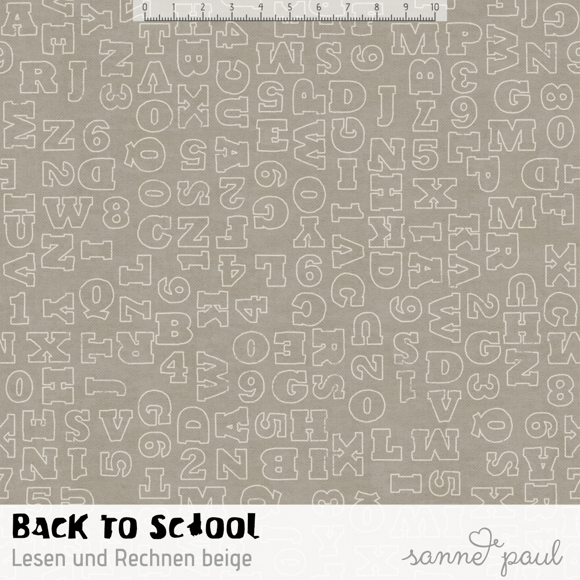 Bio Stoff  - Back to School Lesen und Rechnen Beige - SannePaul, braun, Buchstaben & Zahlen