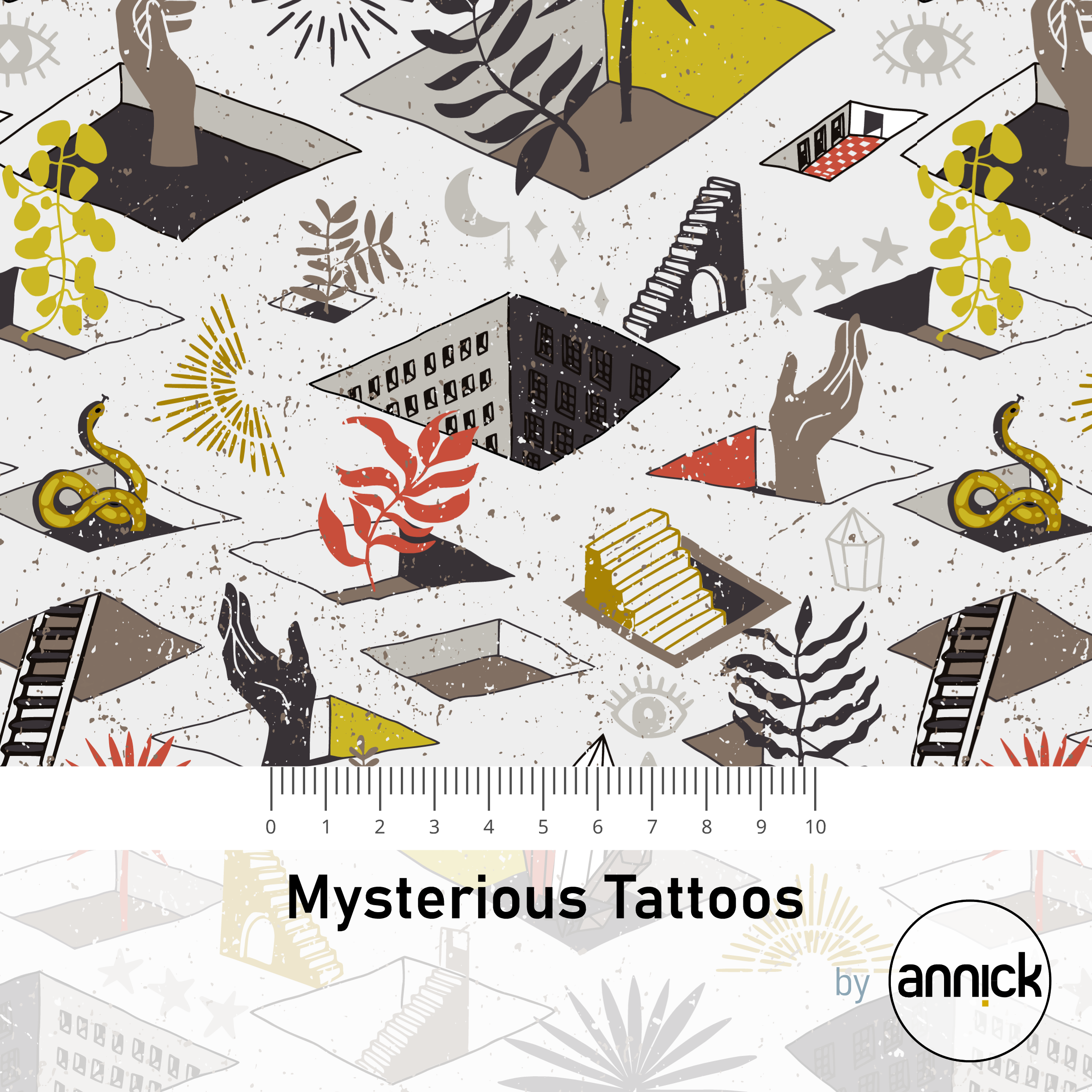 Bio Webware Stoff - Mysterious Tattoos - Annick, bunt, weiß, 100% Bio-Baumwolle Bio Webware Stoff - Mysterious Tattoos - Annick, bunt, weiß, 100% Bio-Baumwolle